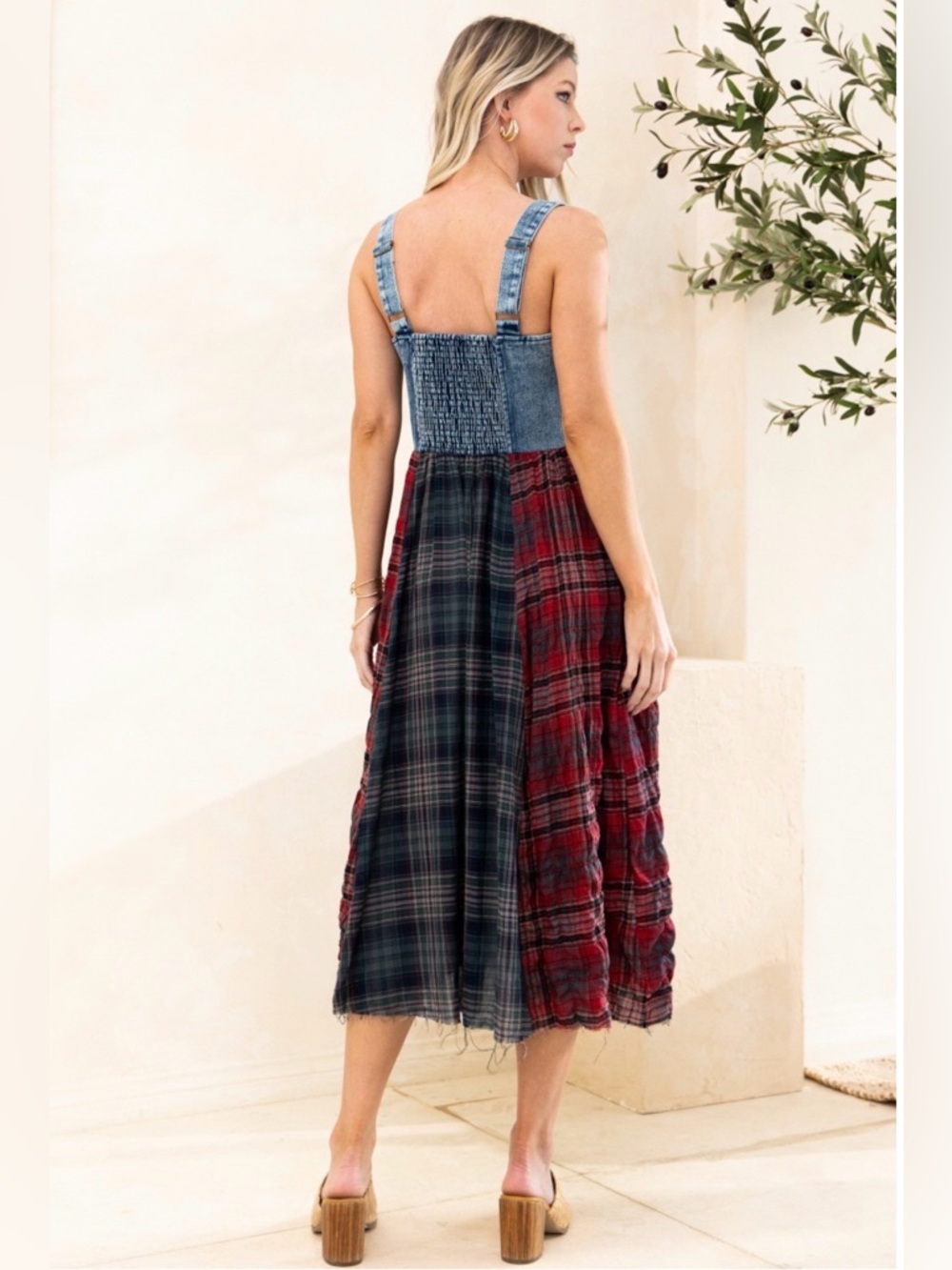 Oddi Large Denim Bodice Plaid Midi Dress - Blue and Red NWOT - Picture 2 of 9